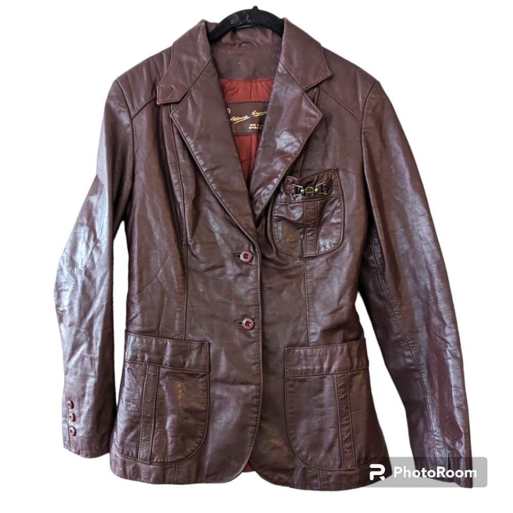 Vintage Etienne Aigner 70s Leather Jacket Burgundy Size 10